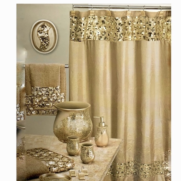 Champagne Gold Sequin Fabric Satin Shower Curtain Todays Living 72 X 72 Inches - Picture 1 of 15